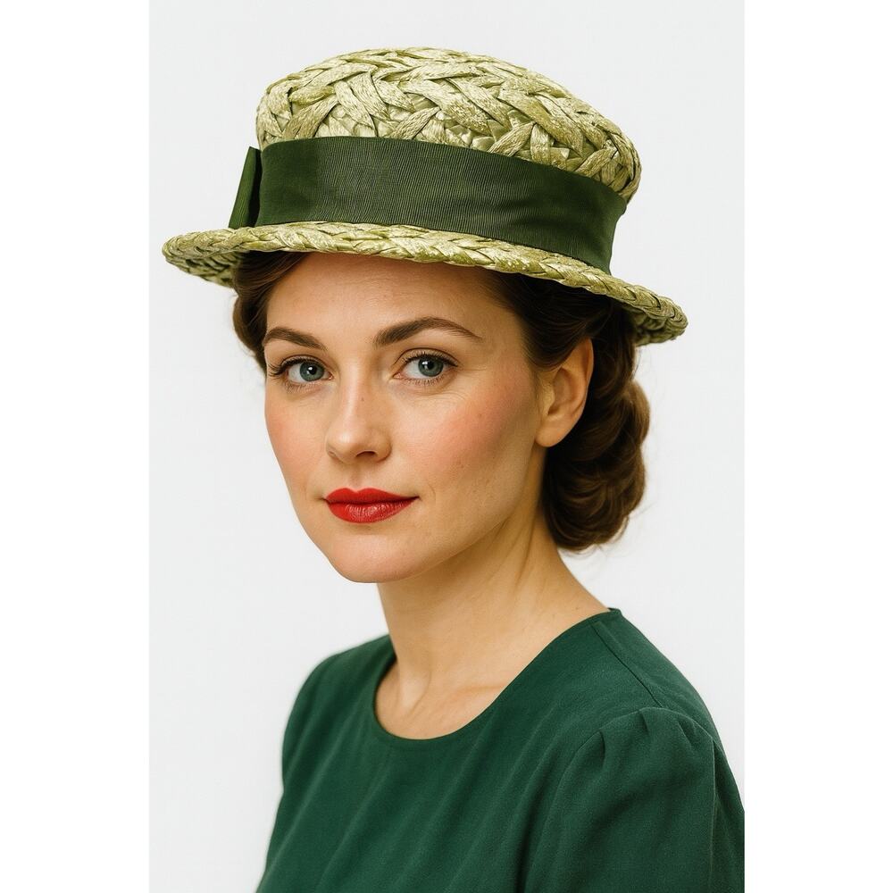 Vintage Handmade Woven Straw Hat Green Ribbon Bow 22–24" Elegant Retro